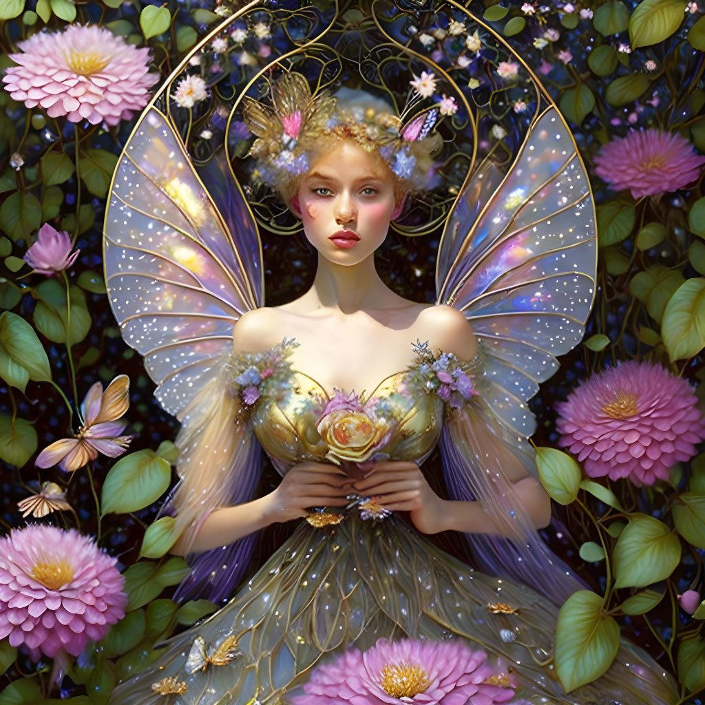 Fairy surrounded by flowers with delicate wings and floral crown