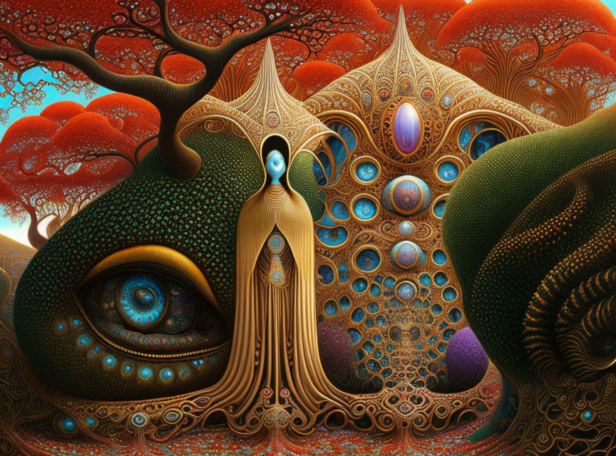 Surreal landscape with peacock entity, intricate tree, and robed figure