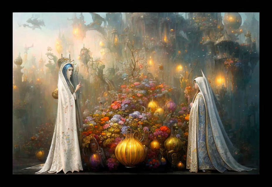 Ethereal artwork of two robed figures in magical forest