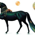 Majestic black horse with ornate bridal and orbs on white background