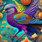 Colorful digital artwork: stylized pigeon with intricate feathers, vibrant flowers, blue backdrop