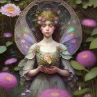 Fairy surrounded by flowers with delicate wings and floral crown