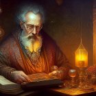 Elderly bearded scholar reading book by candlelight in ornate study