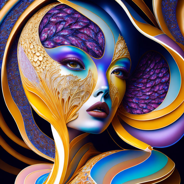 Surreal digital artwork: female figure in gold and blue hues with leaf patterns and abstract shapes.