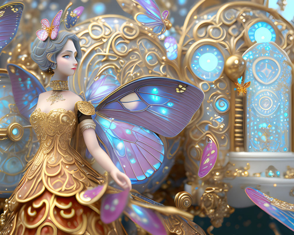 Digital artwork: Fairy in golden attire with iridescent wings, surrounded by clocks and butterflies.