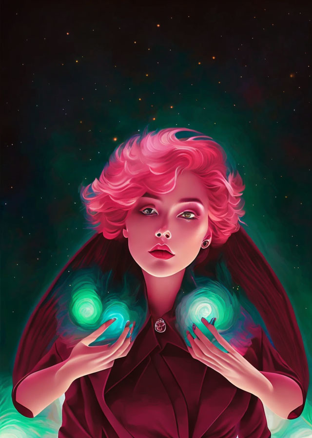 Stylized portrait of woman with pink hair and green orbs on cosmic backdrop