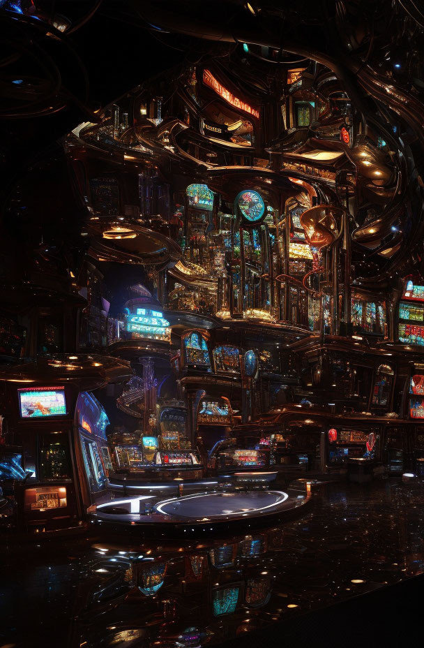 Futuristic Casino Interior with Neon Signs & Holographic Displays