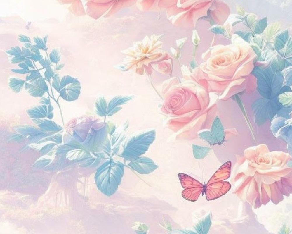Pastel-toned image of pink roses, green foliage, and butterflies