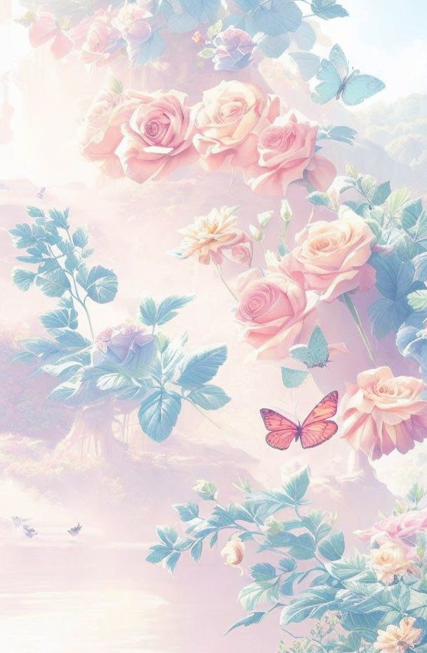 Pastel-toned image of pink roses, green foliage, and butterflies