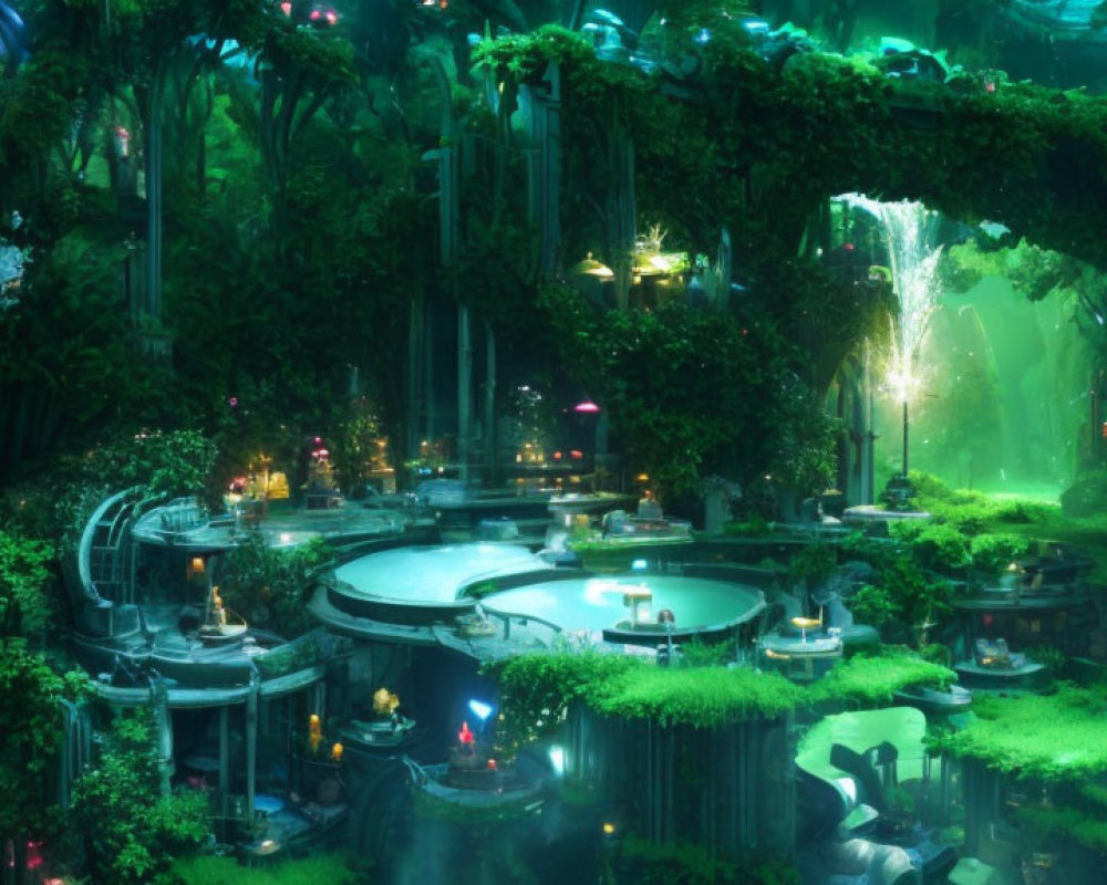 Enchanting forest with waterfalls, terraces, candlelight, and ancient architecture