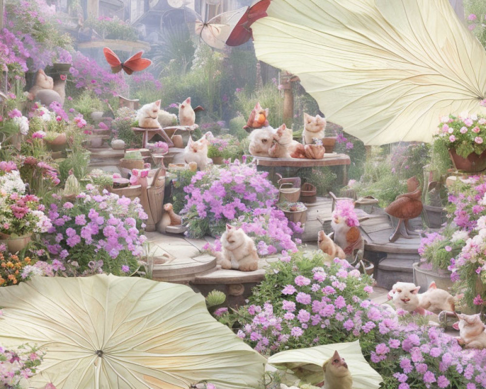 Whimsical garden scene with playful cats, flowers, leaves, and butterflies