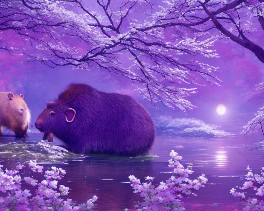 Capybaras under cherry blossoms at dusk by water, serene purple ambiance