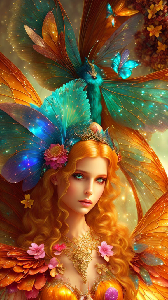 Fantasy illustration of woman with golden hair and butterfly wings surrounded by flowers and bird in warm glow