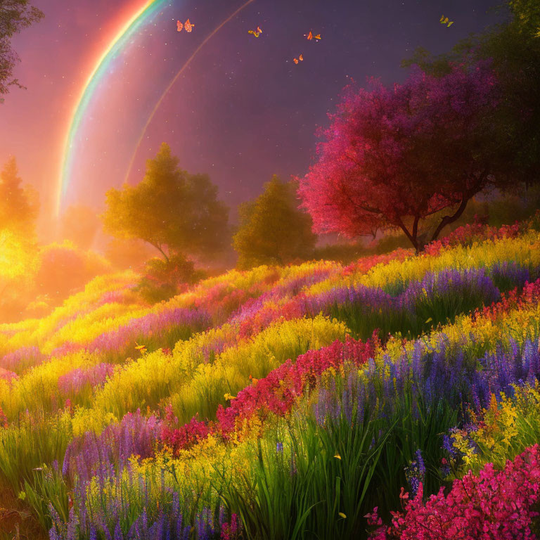 Colorful landscape with rainbow, butterflies, and flowers under warm light