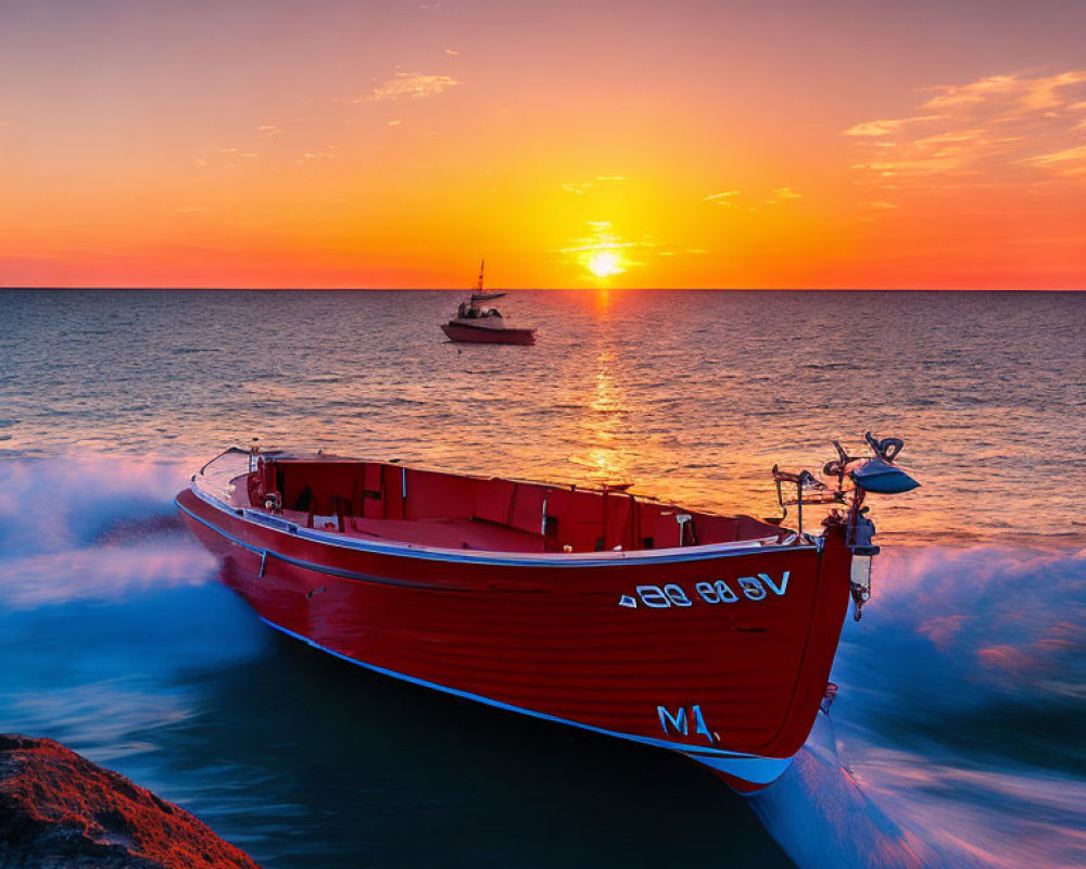 Scenic sunset over ocean with red boat in foreground