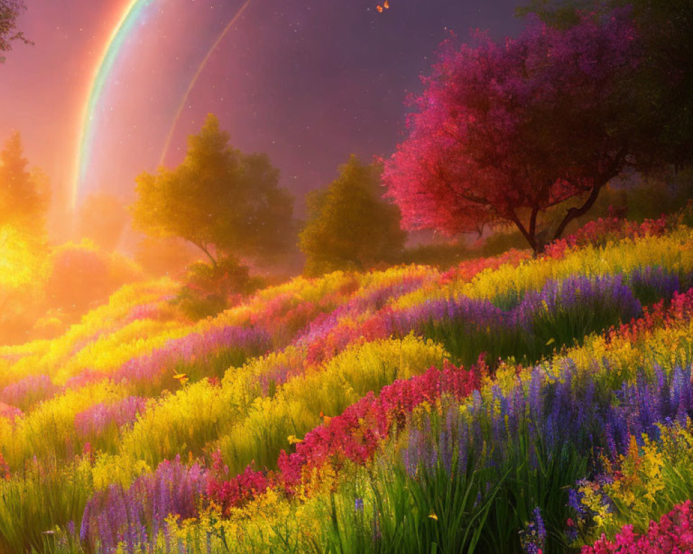 Colorful landscape with rainbow, butterflies, and flowers under warm light