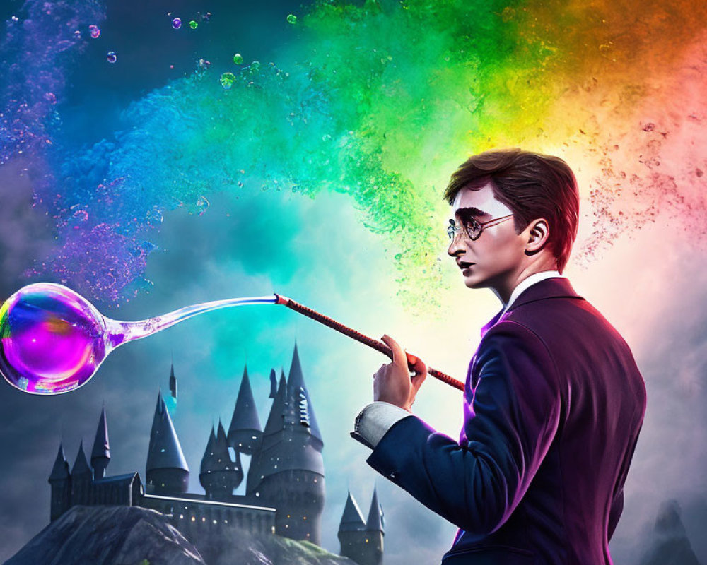 Young Wizard Casting Colorful Magical Spell with Castle Background