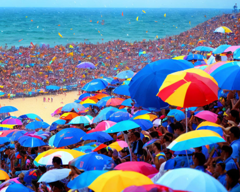 Crowded beach scene with colorful umbrellas and beach balls under blue sky