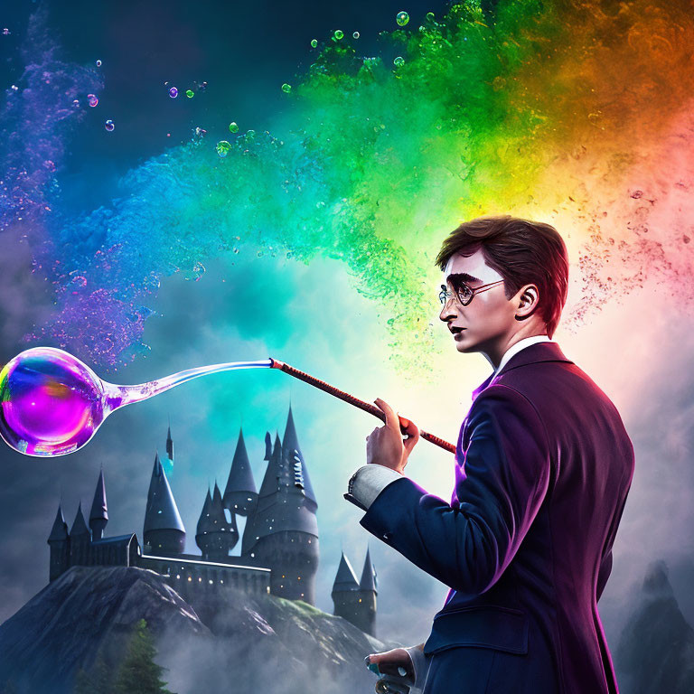 Young Wizard Casting Colorful Magical Spell with Castle Background