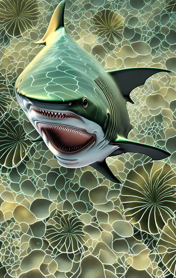 Digital image of shark swimming with open mouth in abstract floral background