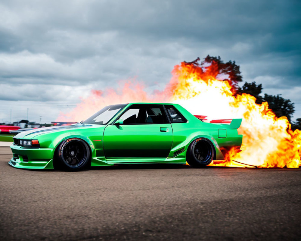Green Wide Body Sports Car Emitting Flames on Asphalt against Cloudy Sky