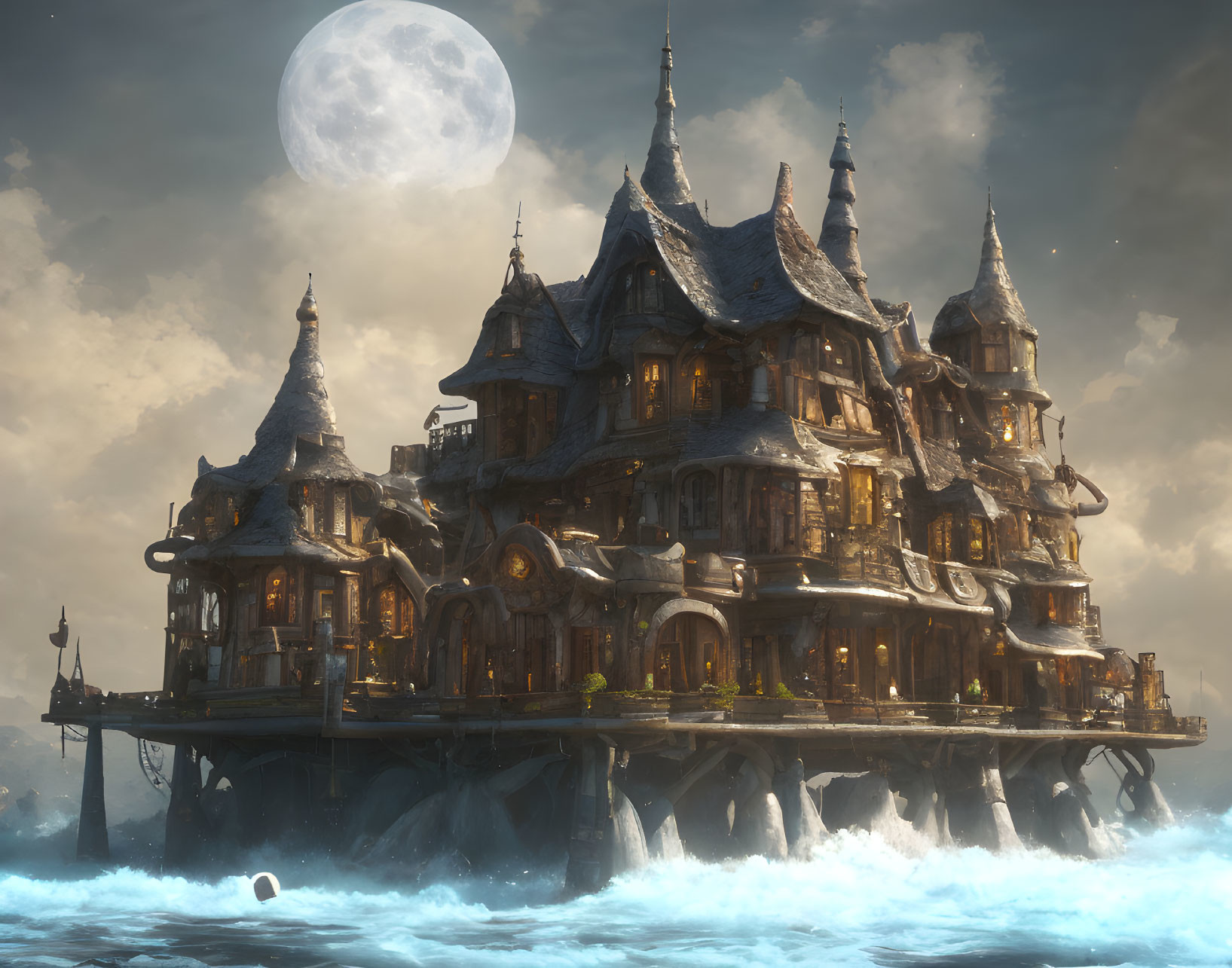 Fantasy mansion on rocky outcrop with crashing waves and large moon