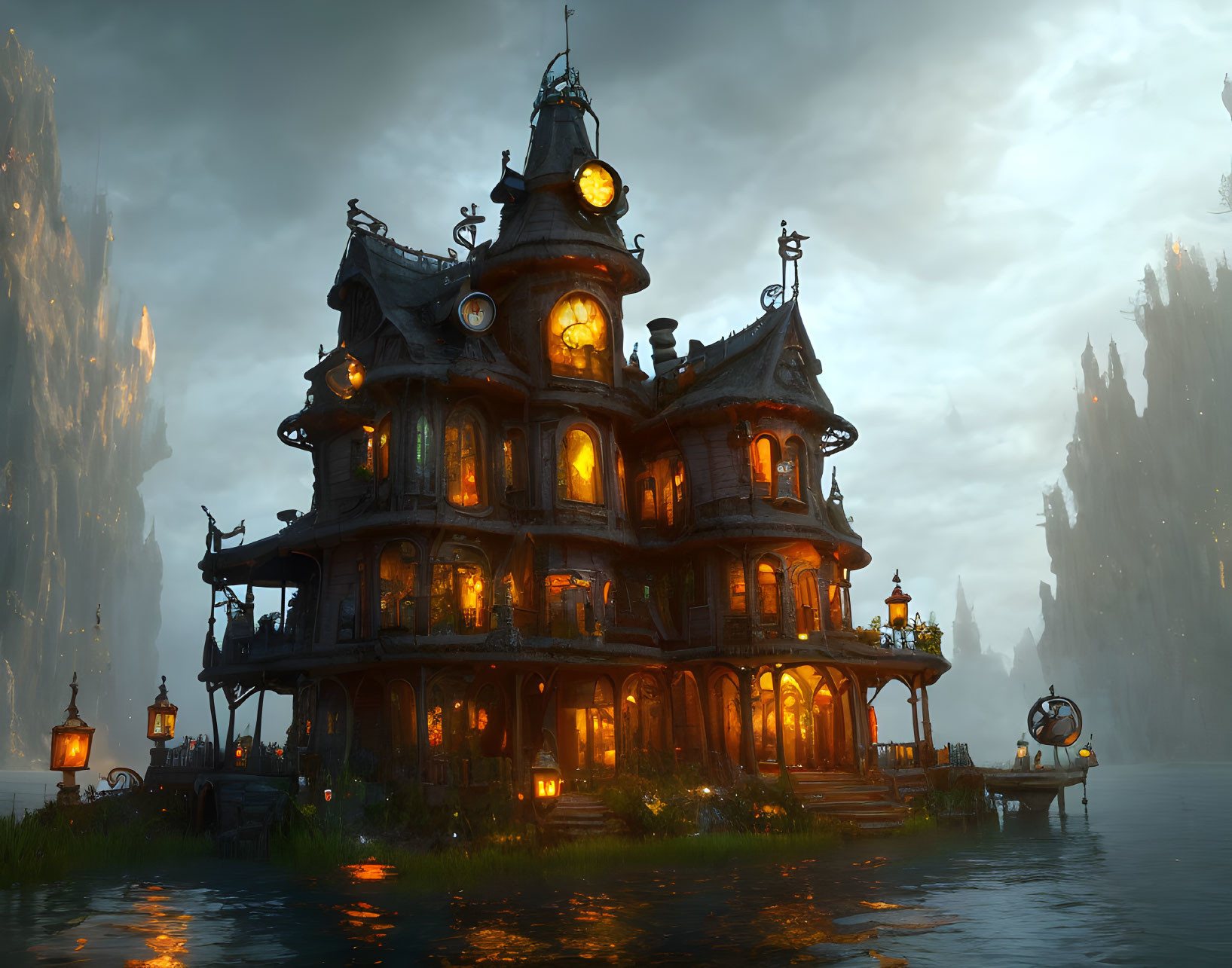 Cozy gothic floating house