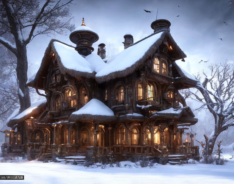 Victorian Wooden House in Snowy Landscape with Chimneys and Birds