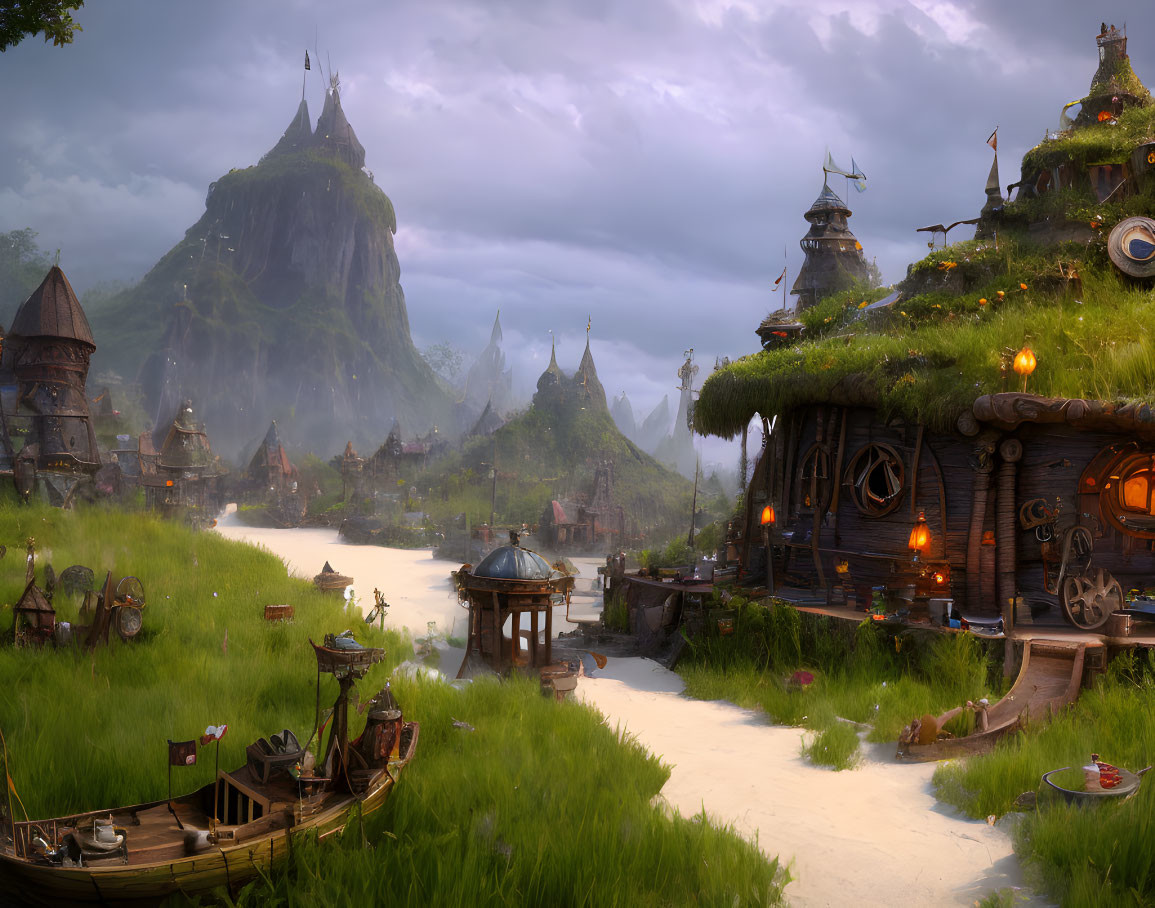 Tranquil fantasy village with grass-covered homes, river, boat, and mountain at dusk