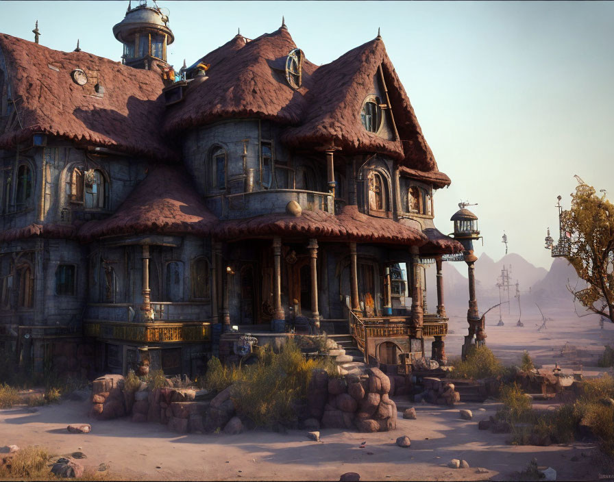 Victorian-style house with gables in desert landscape