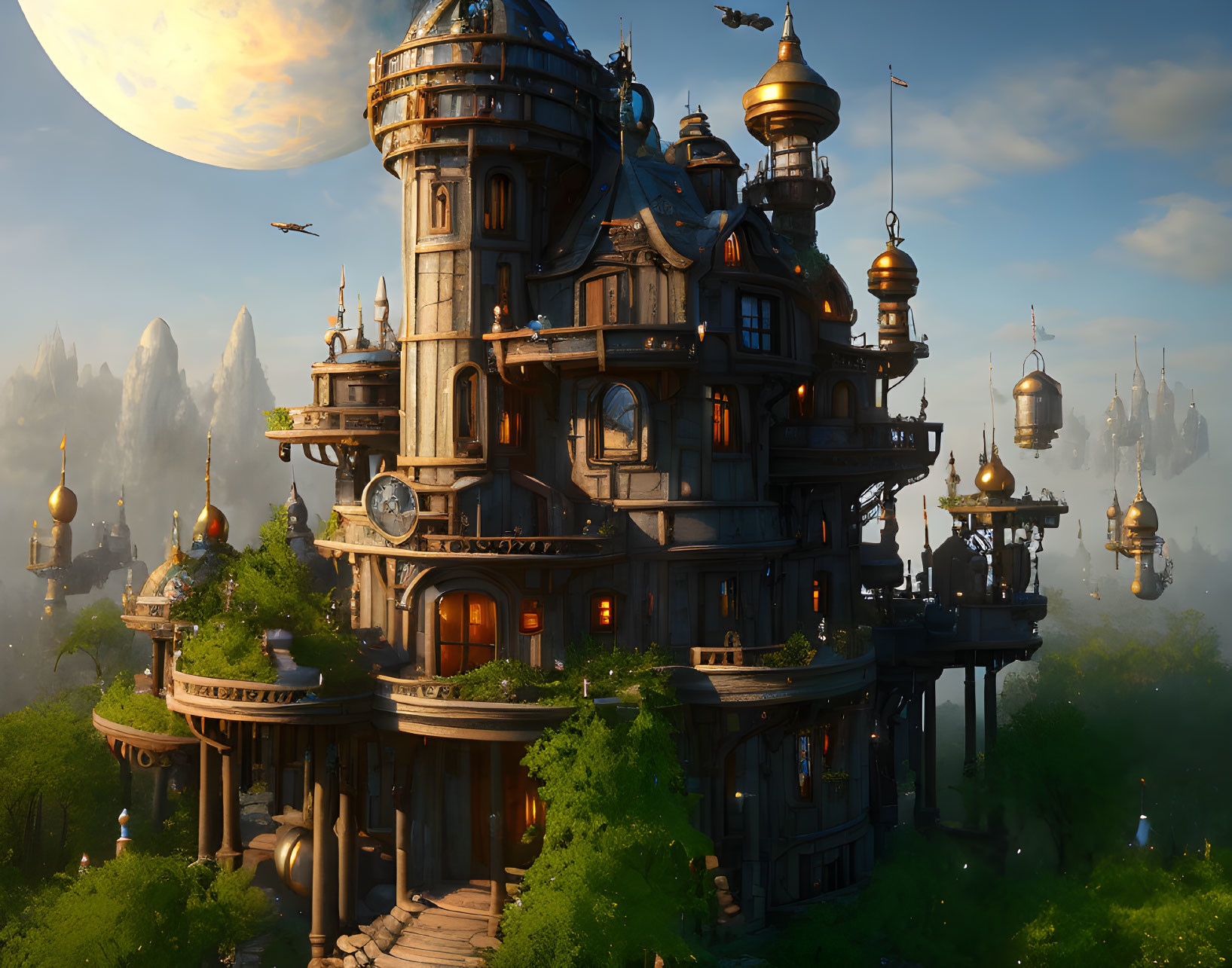 Steampunk house flying in the sky