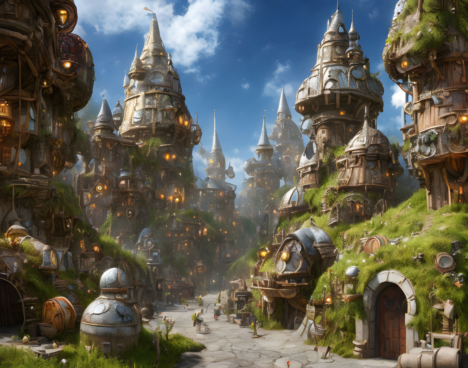 Fantasy village with intricate towers and houses amidst lush hills and golden light