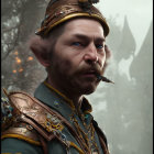Detailed portrait of fantasy character with pointed ears, crown, ornate armor, in foggy forest smoking