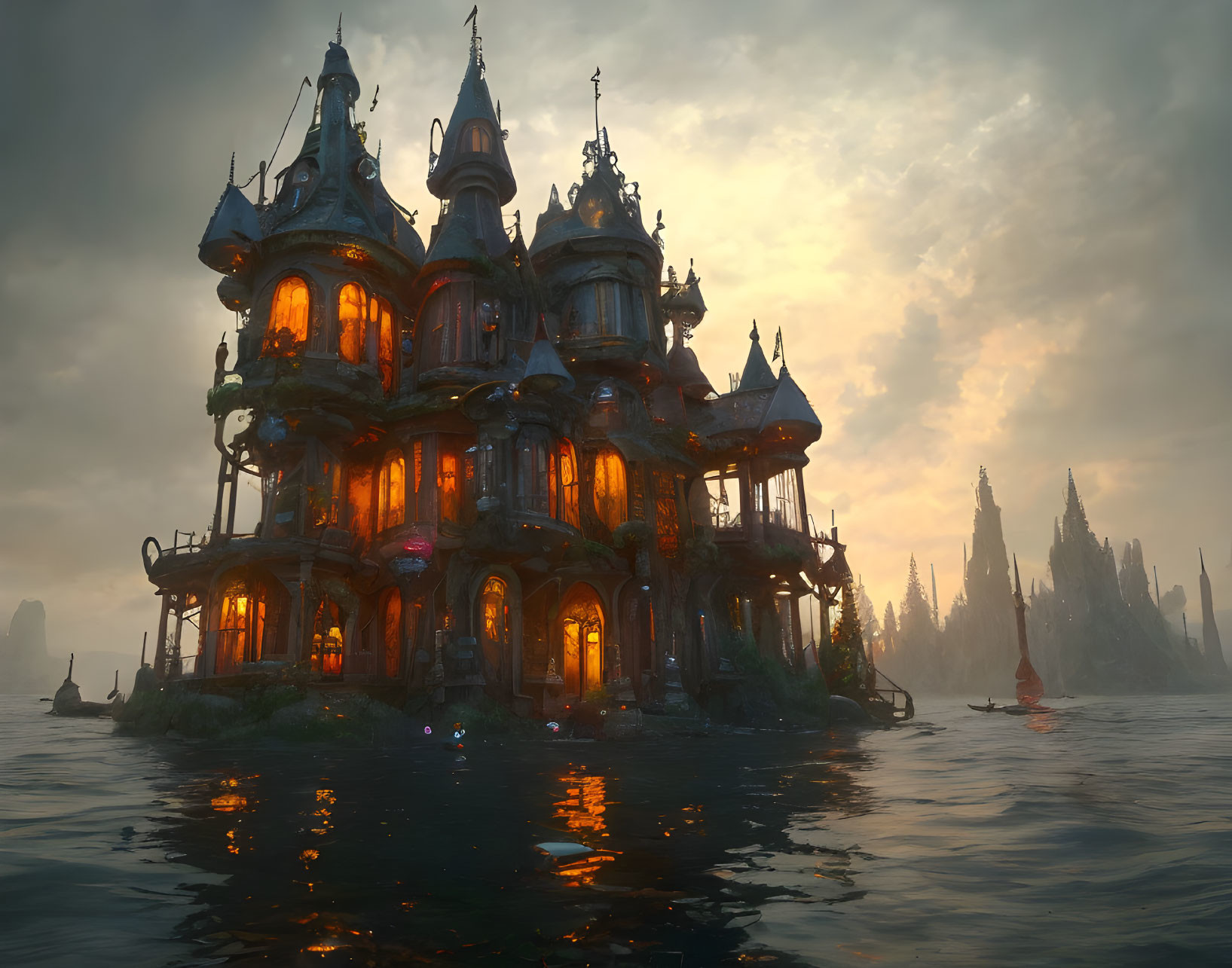 Fantasy mansion surrounded by water at dusk with glowing windows.