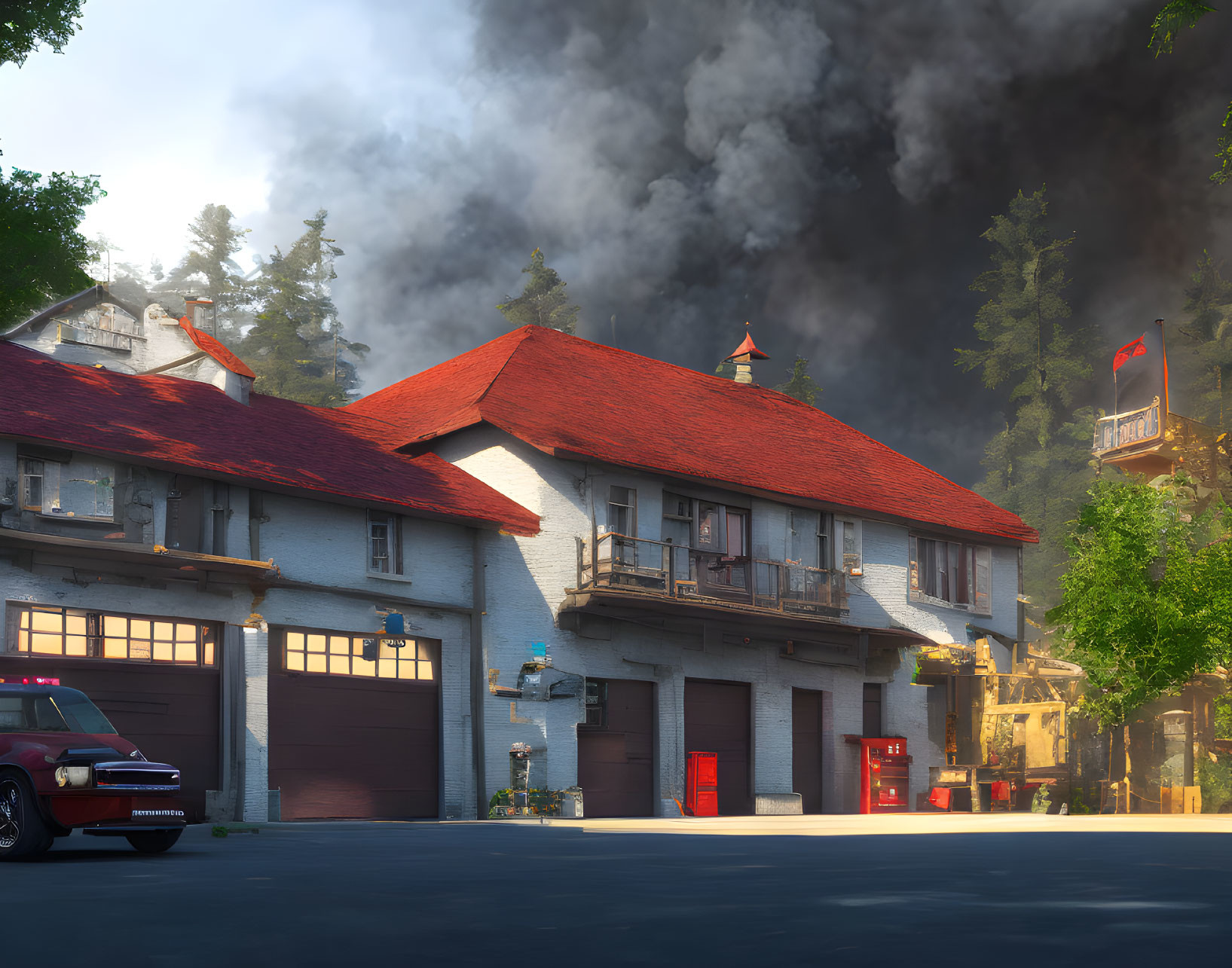 Vintage fire station with red doors, old car, trees, misty skies