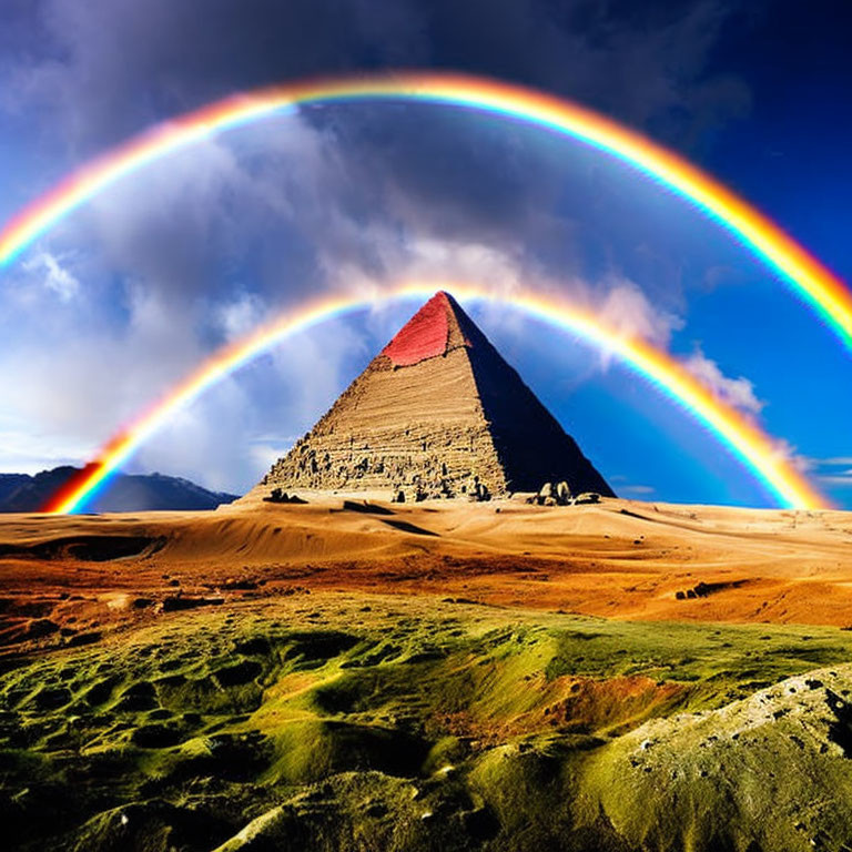 Vibrant double rainbow over desert pyramid landscape