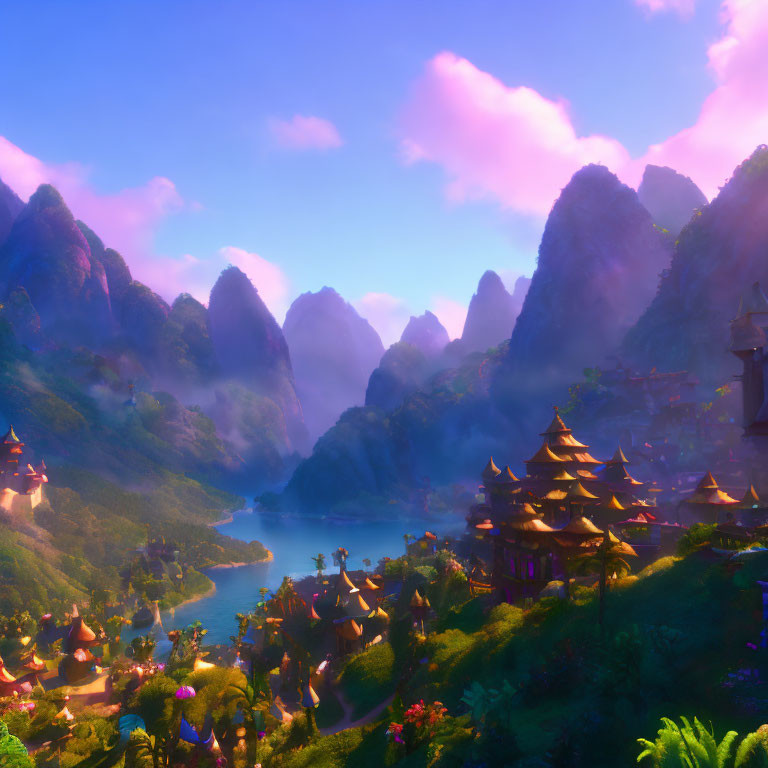 Majestic fantasy landscape with mountains, river, pagodas, and pink sky