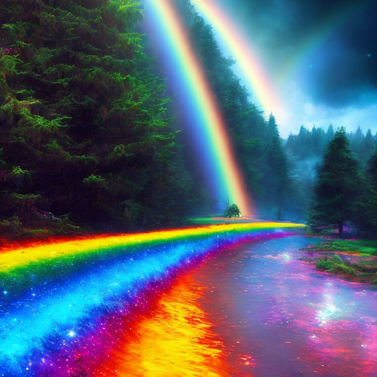 Double Rainbow Reflected in River with Green Forest and Twilight Sky