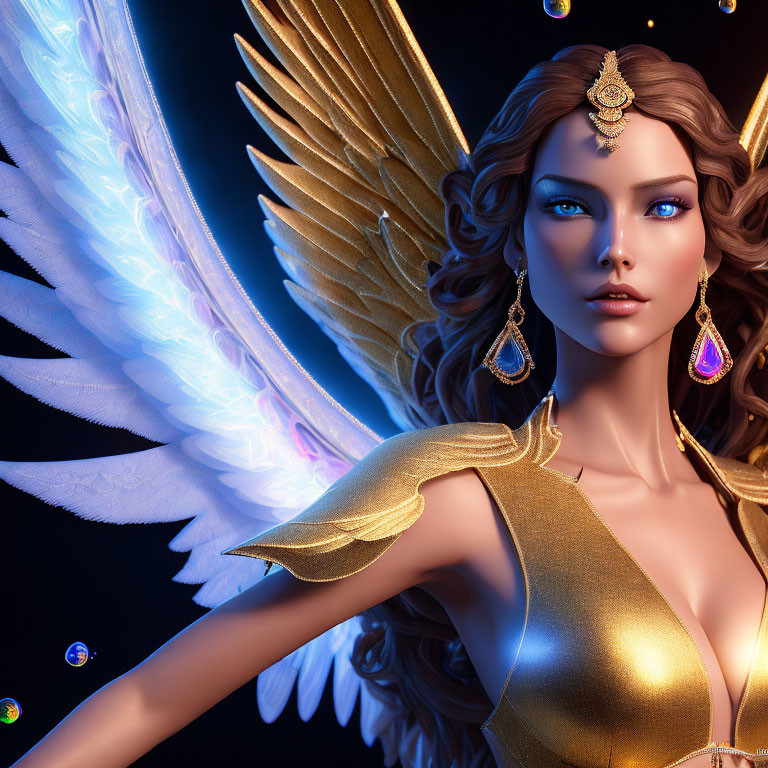 Golden-armored woman with blue-white wings in fantasy illustration