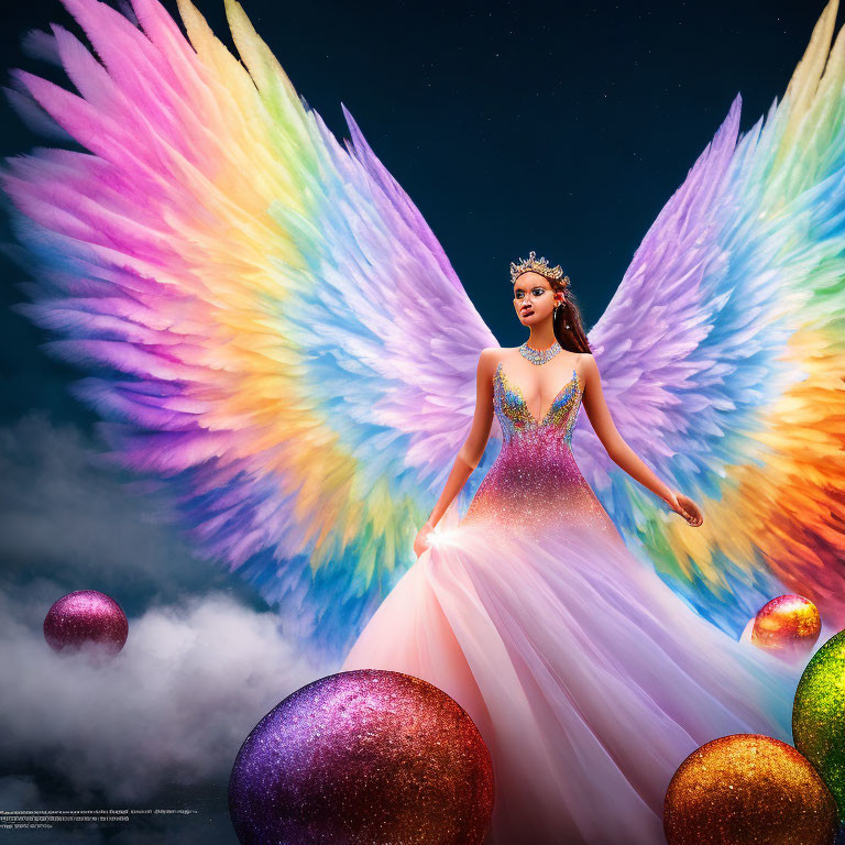 Person in Sparkling Dress with Colorful Wings in Starry Sky