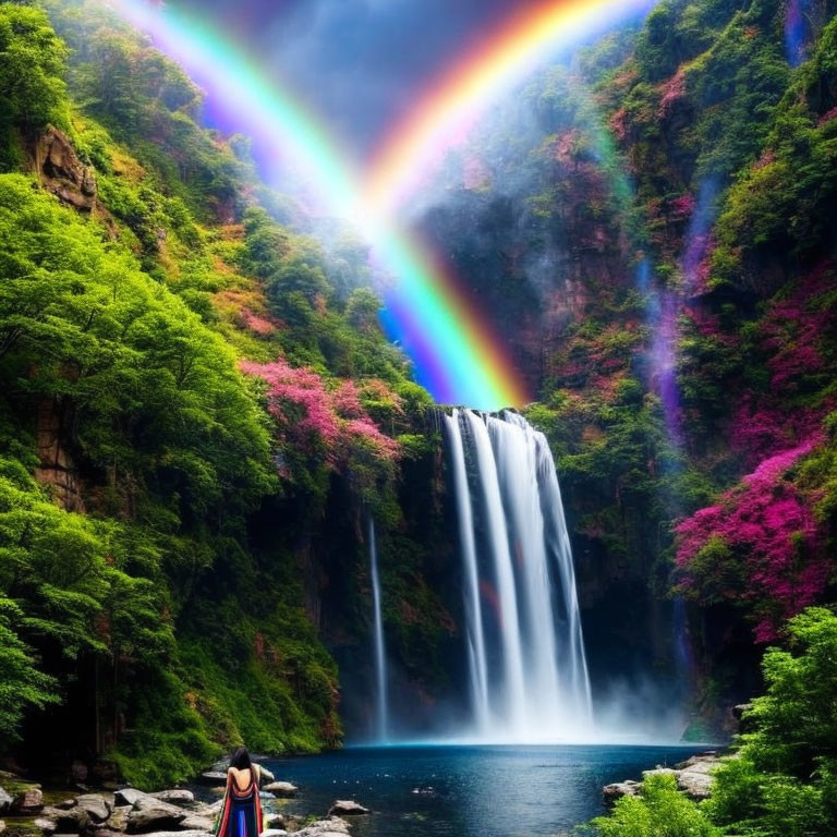 Vibrant attire person at majestic waterfall with double rainbow