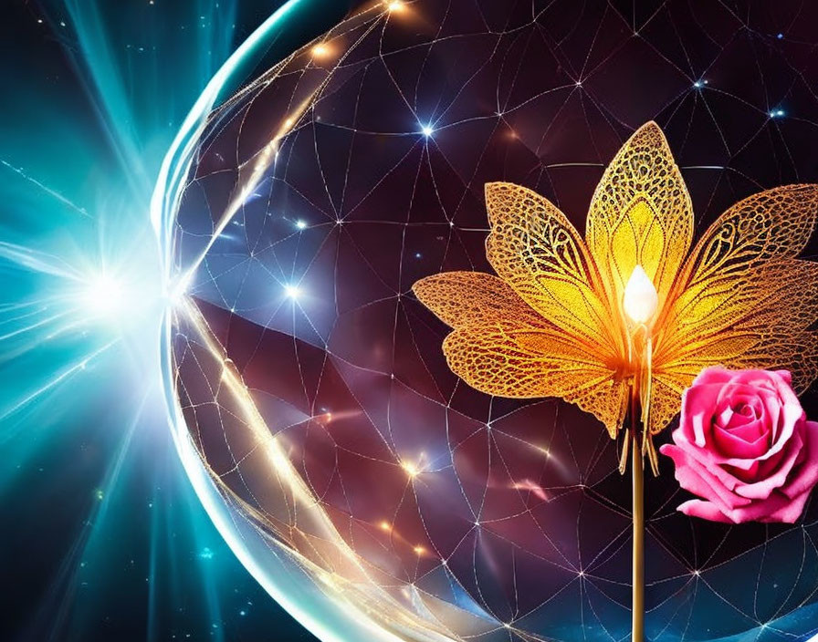 Golden butterfly and pink rose in cosmic digital art piece