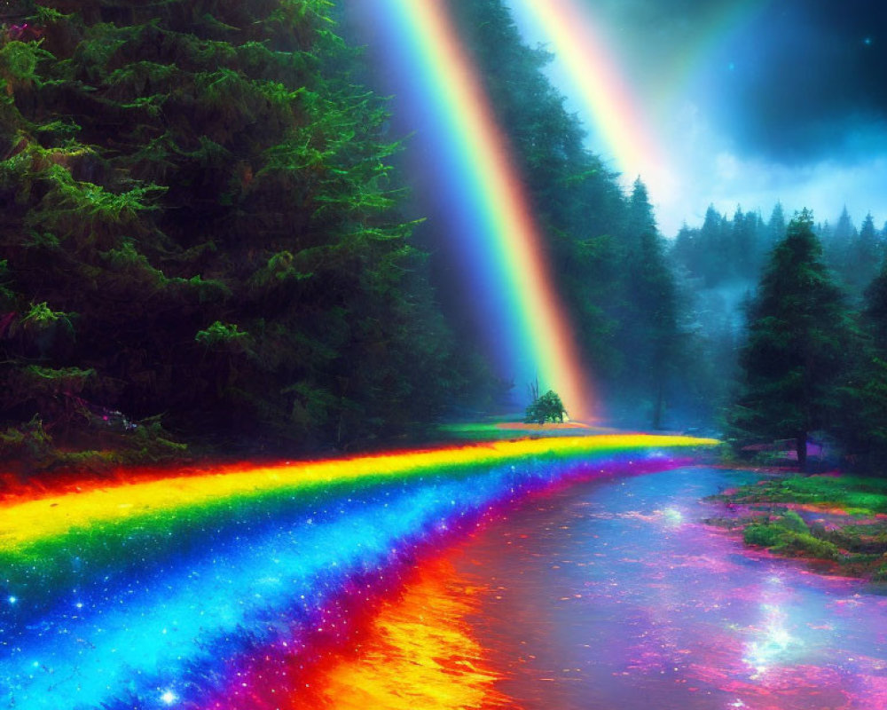 Double Rainbow Reflected in River with Green Forest and Twilight Sky
