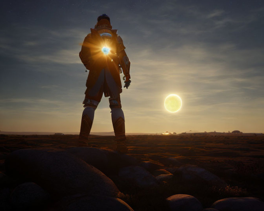 Astronaut in spacesuit on rocky terrain under twilight sky with sun and moon.