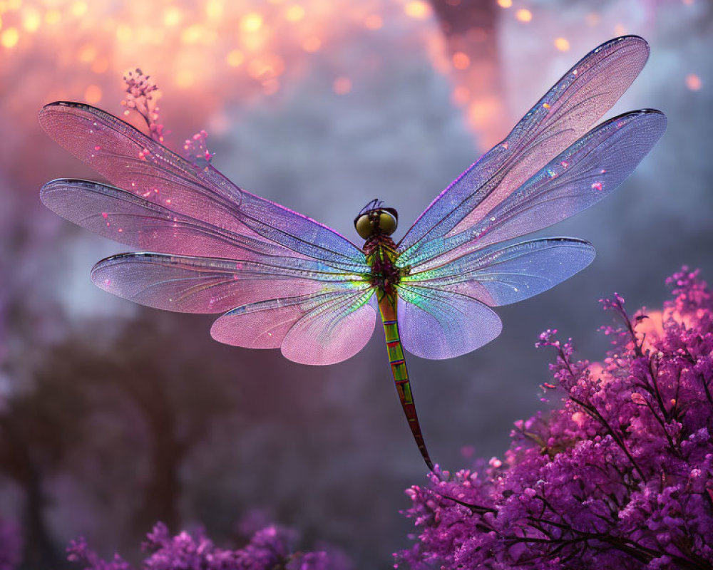 Iridescent dragonfly on purple blossoms with bokeh background
