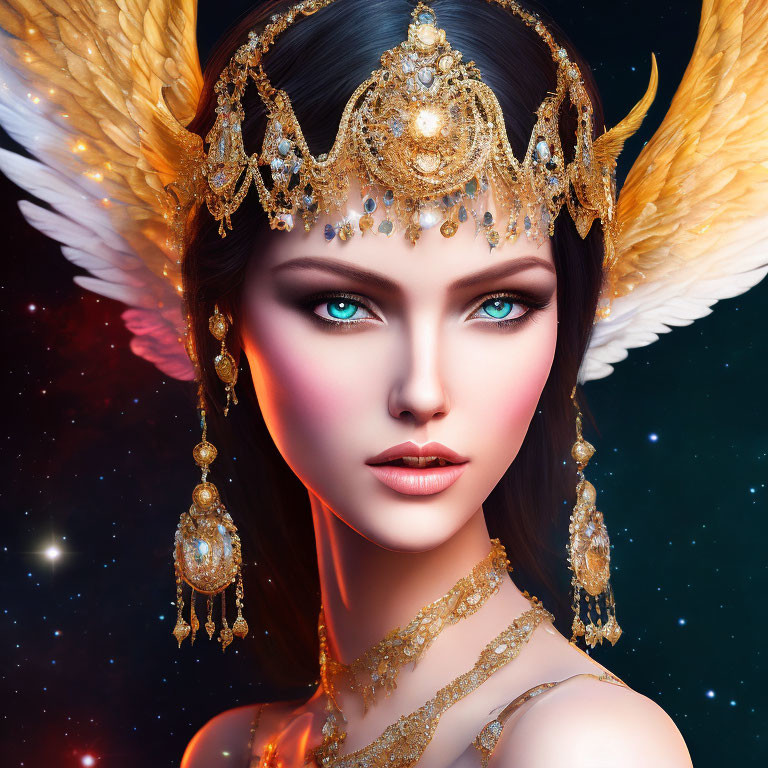 Digital artwork: Woman with blue eyes, golden jewelry, feathered wings, starry background