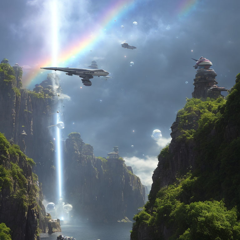 Fantastical landscape with cliffs, waterfalls, rainbow, bubbles, futuristic buildings, spacecraft