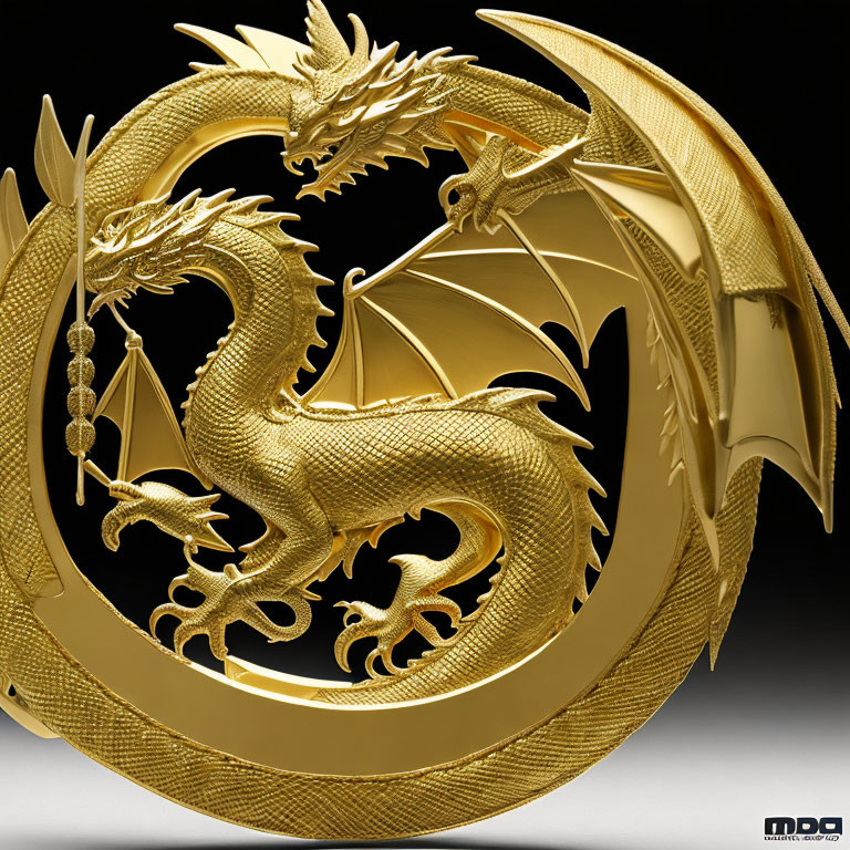 Intricate Golden Dragon Sculpture on Black Background