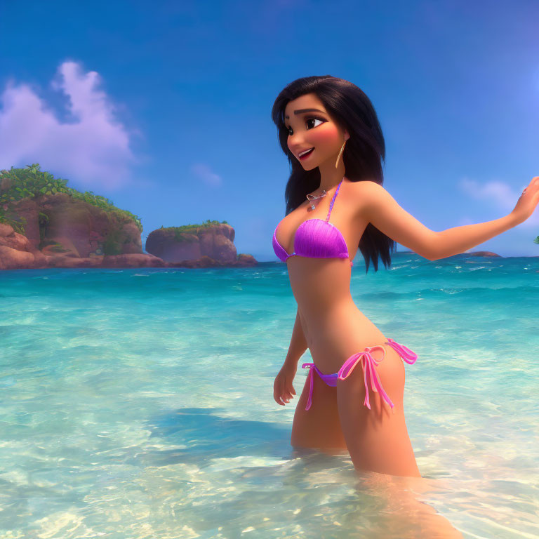 Long-haired animated character in purple bikini at tropical beach with rocks.