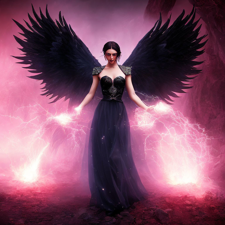 Dark-winged woman in black dress surrounded by pink lightning and glowing orbs